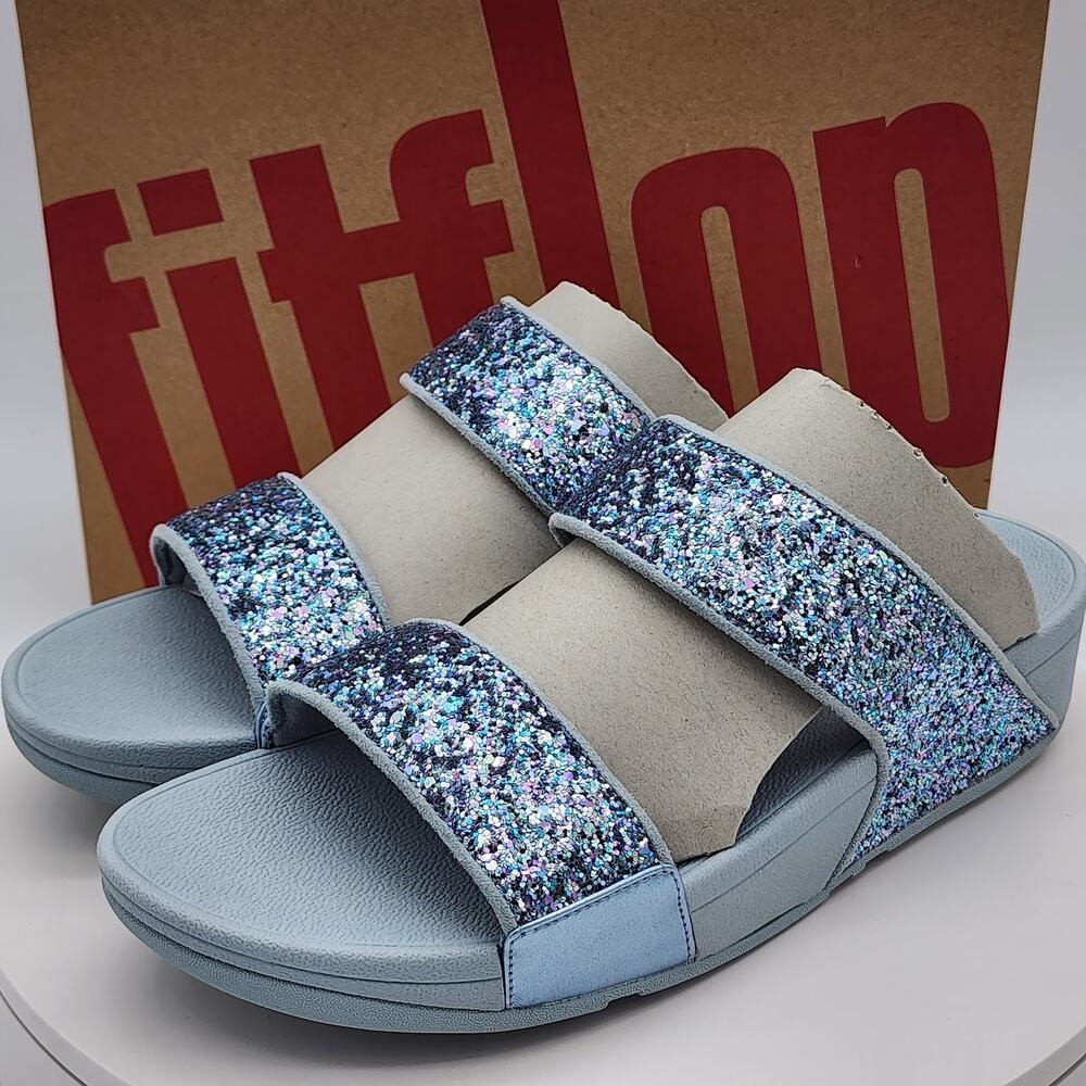 NEW - FitFlop Lulu Women’s Quiet Blue Glitter Wedge Sandals Comfort Size 10 - Picture 4 of 8